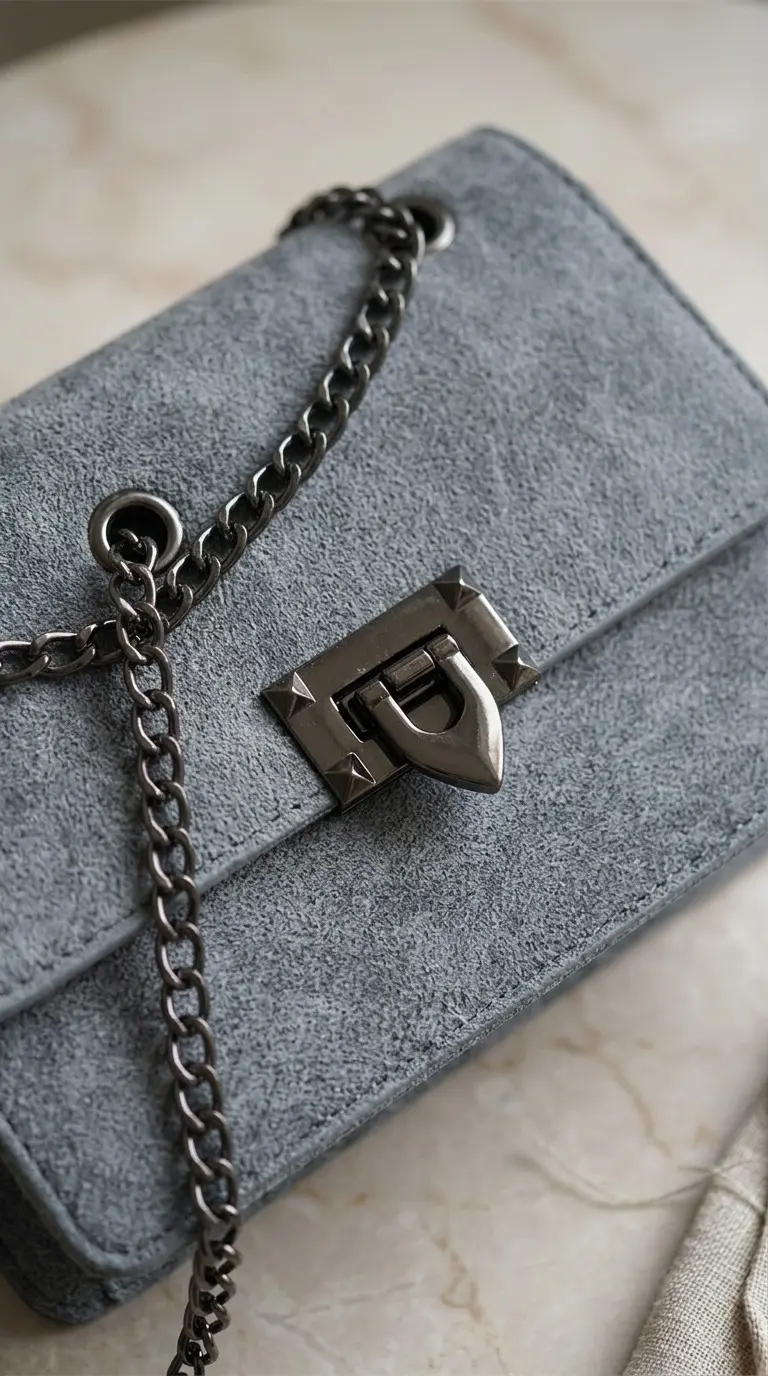 Bolso de mano de gamuza gris con textura suave, cadena metálica oscura y broche decorativo en primer plano.