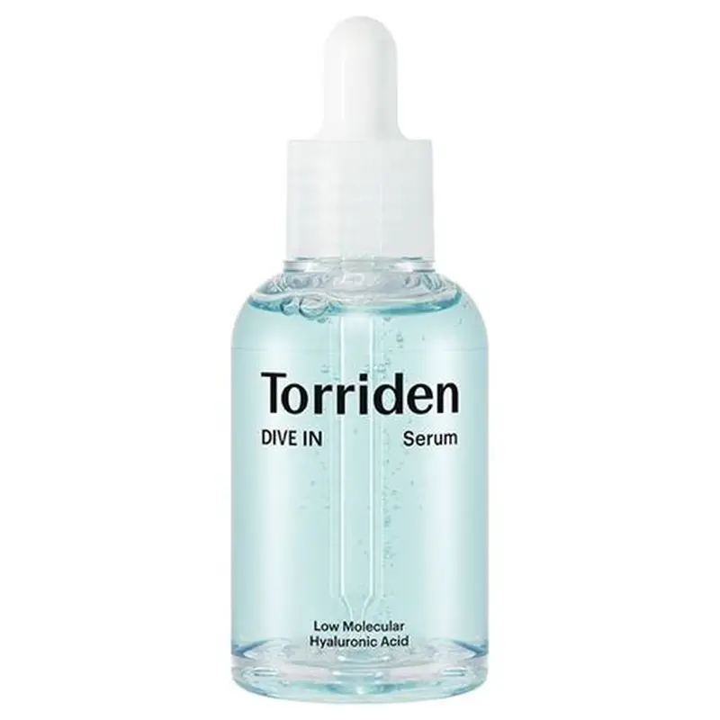 Botella de sérum facial hidratante coreano Torriden transparente con líquido azul claro y aplicador con gotero blanco