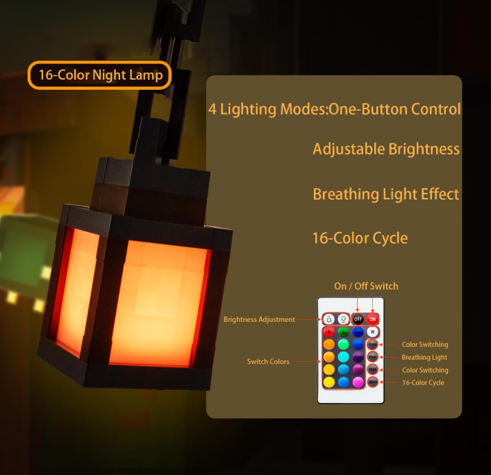Lámpara nocturna LED cúbica con diseño de píxeles e iluminación naranja, suspendida con cadena negra, junto a panel informativo de 16 colores y control remoto.