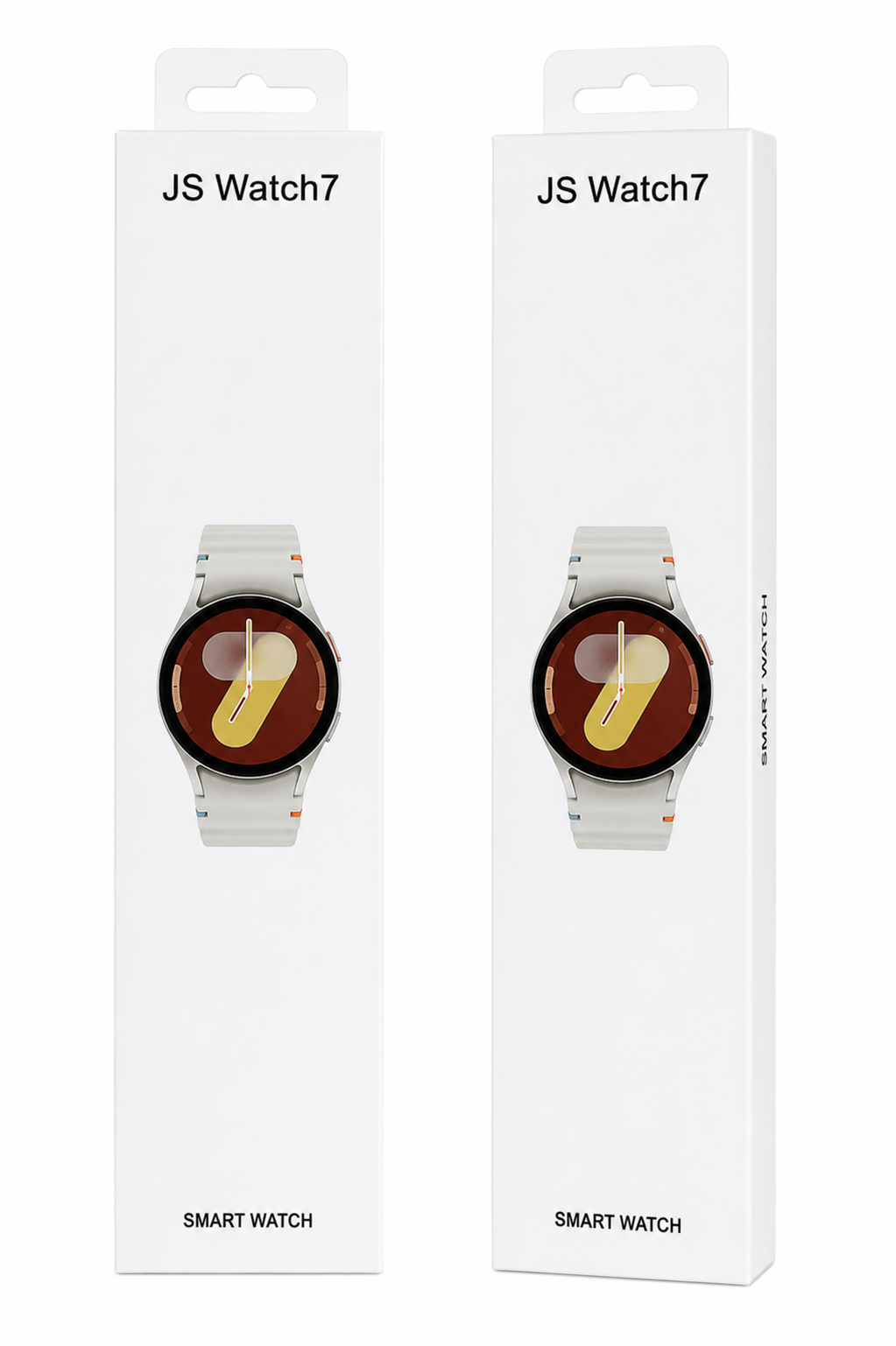 Dos empaques blancos del Smart Watch JS7 con diseño de reloj deportivo blanco y esfera marrón.