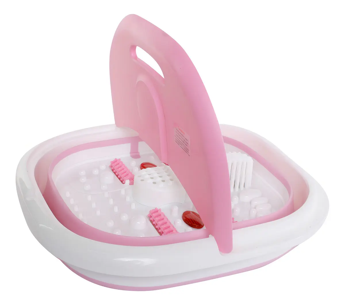 Tina spa plegable para pies en blanco y rosado con tapa, rodillos masajeadores y base con relieves para aliviar la fatiga muscular.