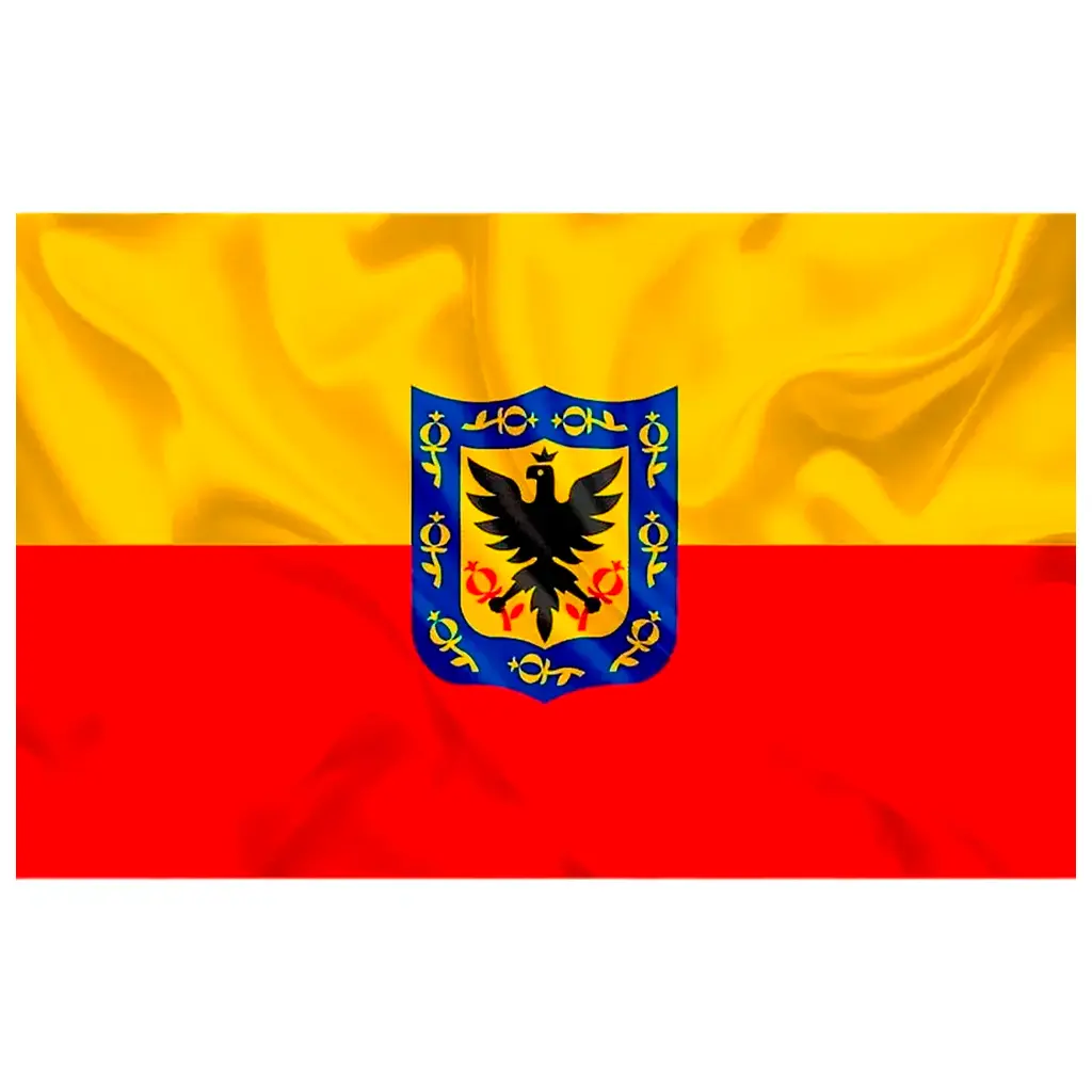 Bandera de Bogotá de 1x1.5 m en poliéster, bicolor amarillo y rojo con escudo institucional negro y dorado centrado.