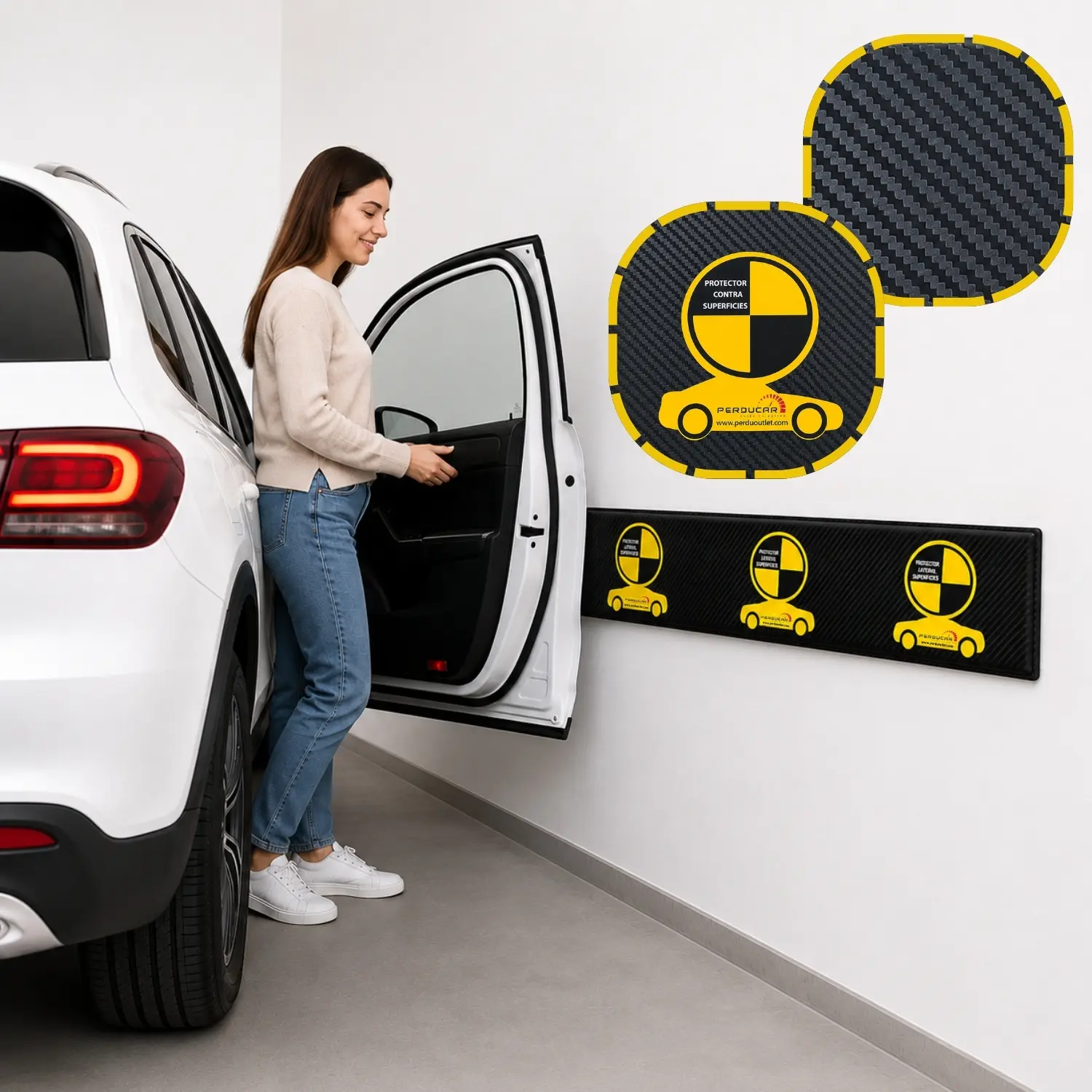 Mujer abriendo la puerta de un auto blanco junto a protectores de pared adhesivos negros con textura de fibra de carbono y logos amarillos de seguridad.