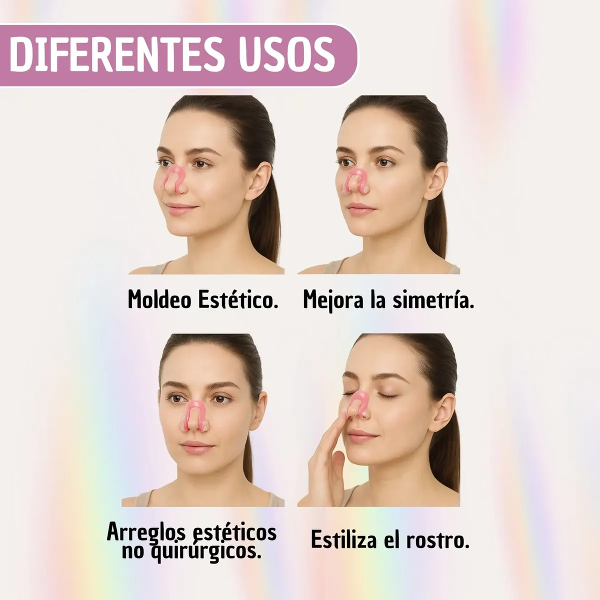 Moldeador y corrector de nariz rosa de plástico flexible colocado sobre el tabique nasal, mostrando usos estéticos para modelar, mejorar simetría y estilizar el rostro.