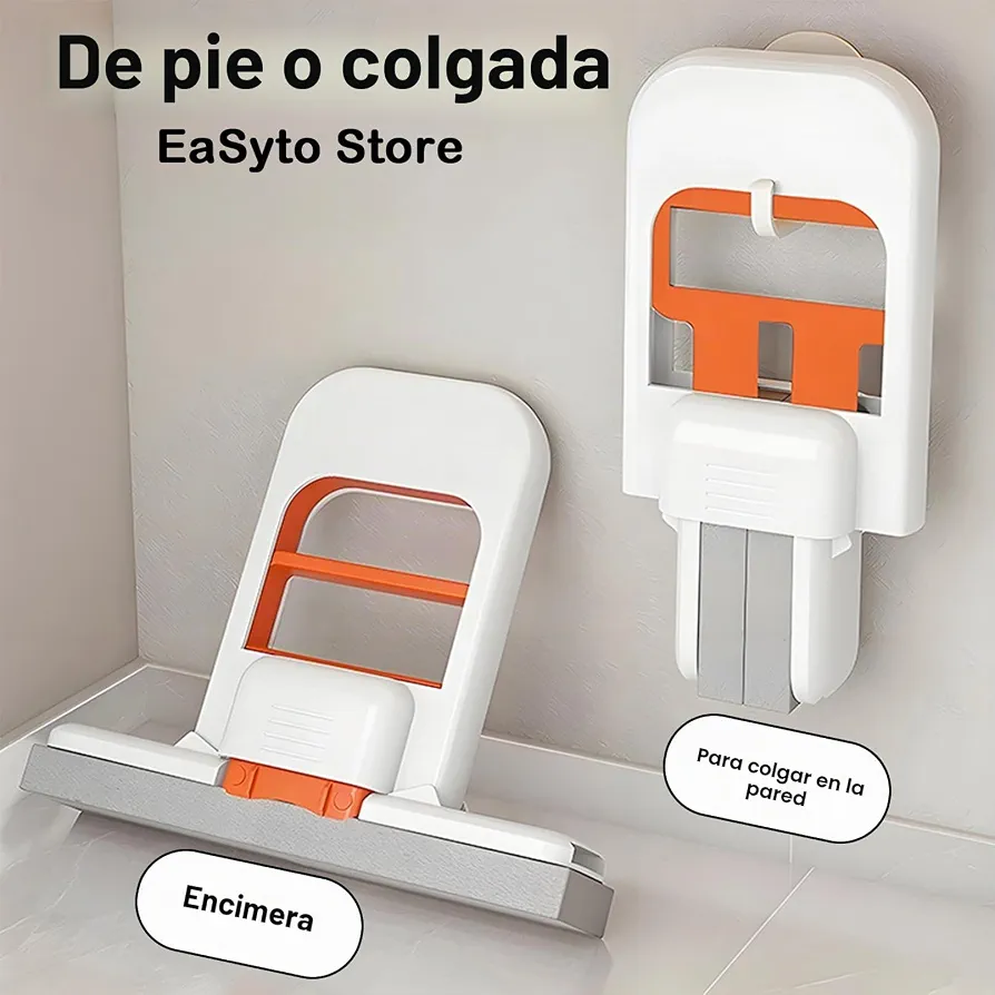 Mini mopa escurridora manual blanca con detalles naranjas, diseñada para mantenerse de pie sobre encimeras o colgarse en la pared para ahorrar espacio.