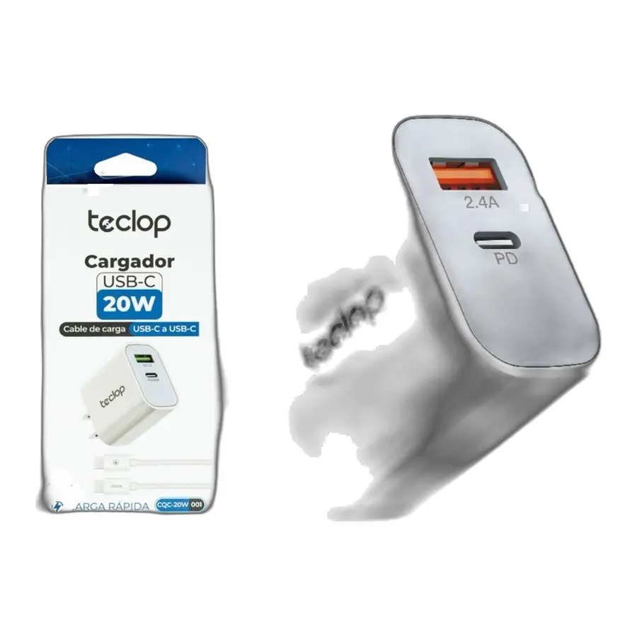 Cargador rápido USB-C de 20W en caja blanca con cable y vista ampliada del puerto de carga con indicador 2.4A y PD.