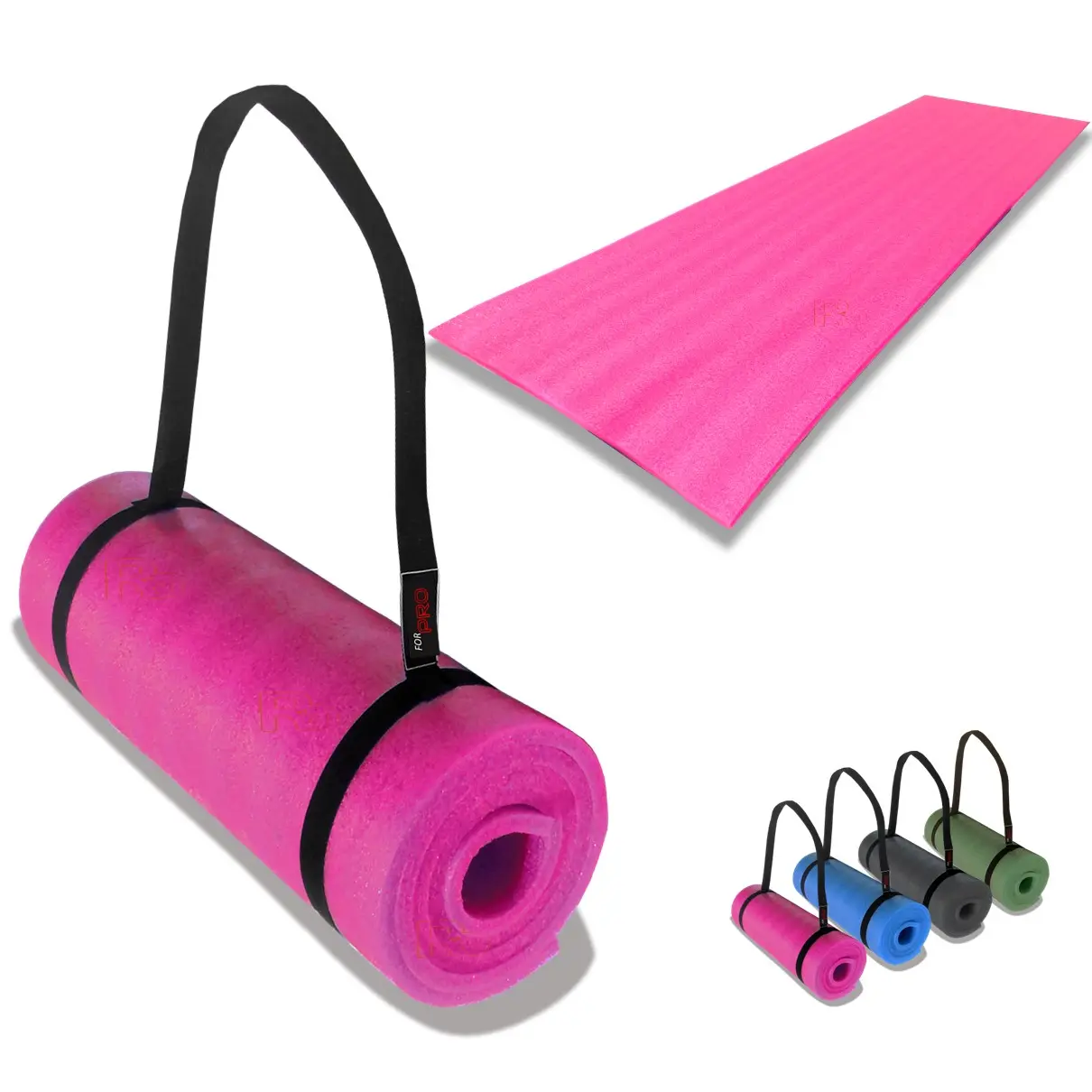 Colchoneta mat rosa enrollada con correa de transporte negra, acompañada de la misma colchoneta extendida en diagonal y miniaturas de otros colores.
