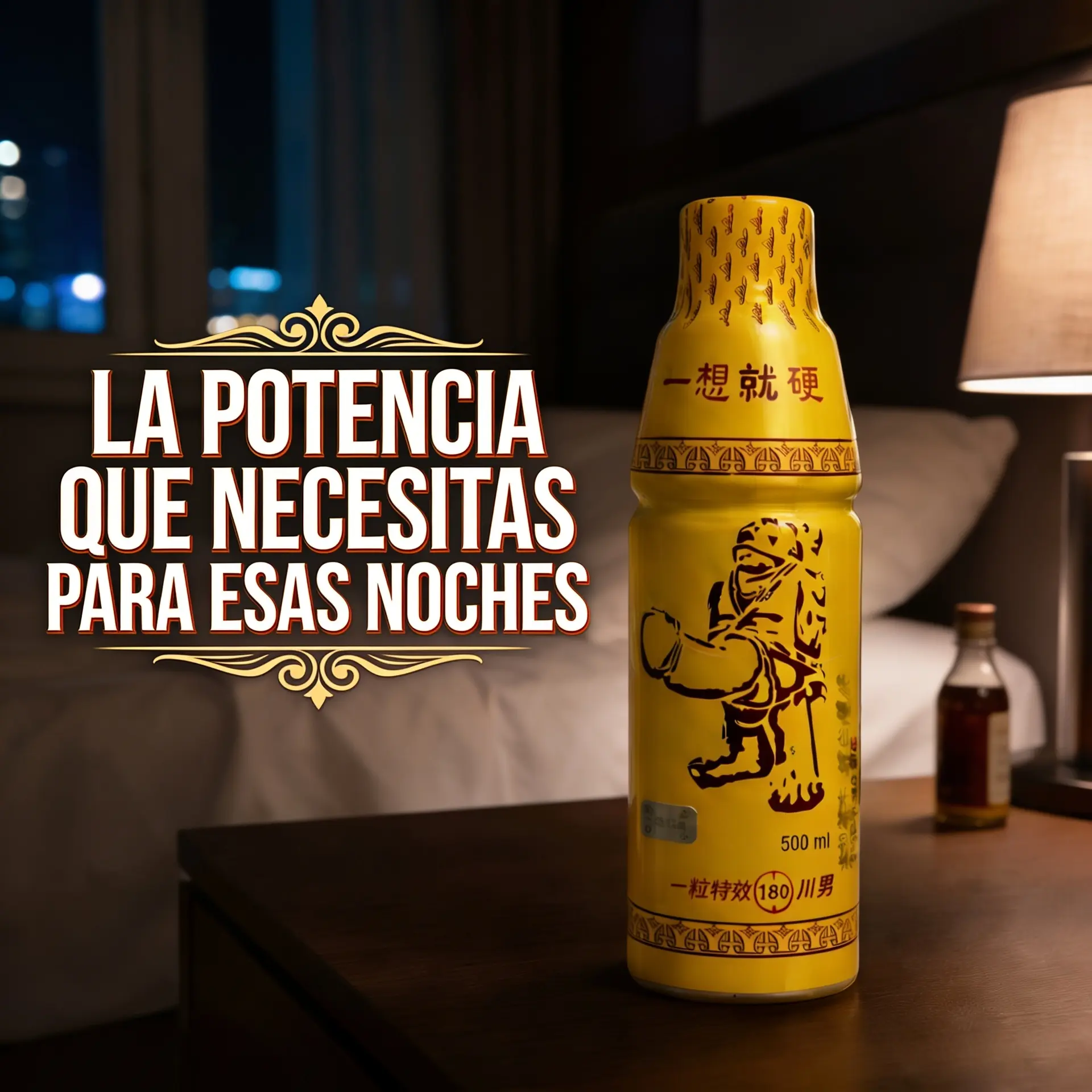 Botella amarilla de tónico herbal de 500 ml con en relieve, sobre mesa de madera en habitación nocturna.