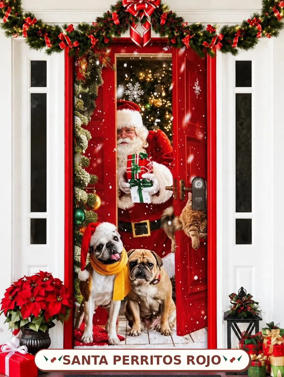 Forro elástico navideño para puerta con diseño de Santa Claus entregando un regalo, acompañado de dos perros y un gato en una entrada decorada.