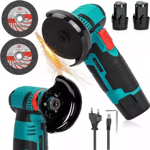 Minipulidora angular inalámbrica turquesa y negra de 12V con dos baterías, discos de corte, llave hexagonal y cargador.