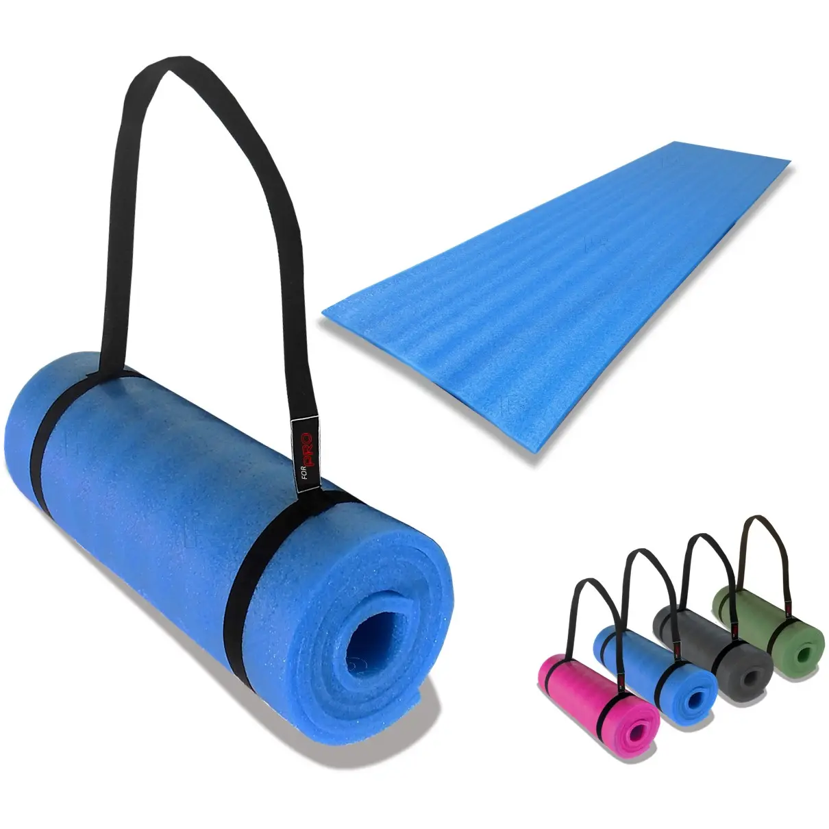 Colchoneta mat azul texturizada para ejercicio, enrollada con correa y extendida. Muestra variantes de color: rosa, azul, gris y verde.