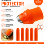 Set de 5 dedales protectores de silicona naranja con punta de acero inoxidable para picar sin riesgos.