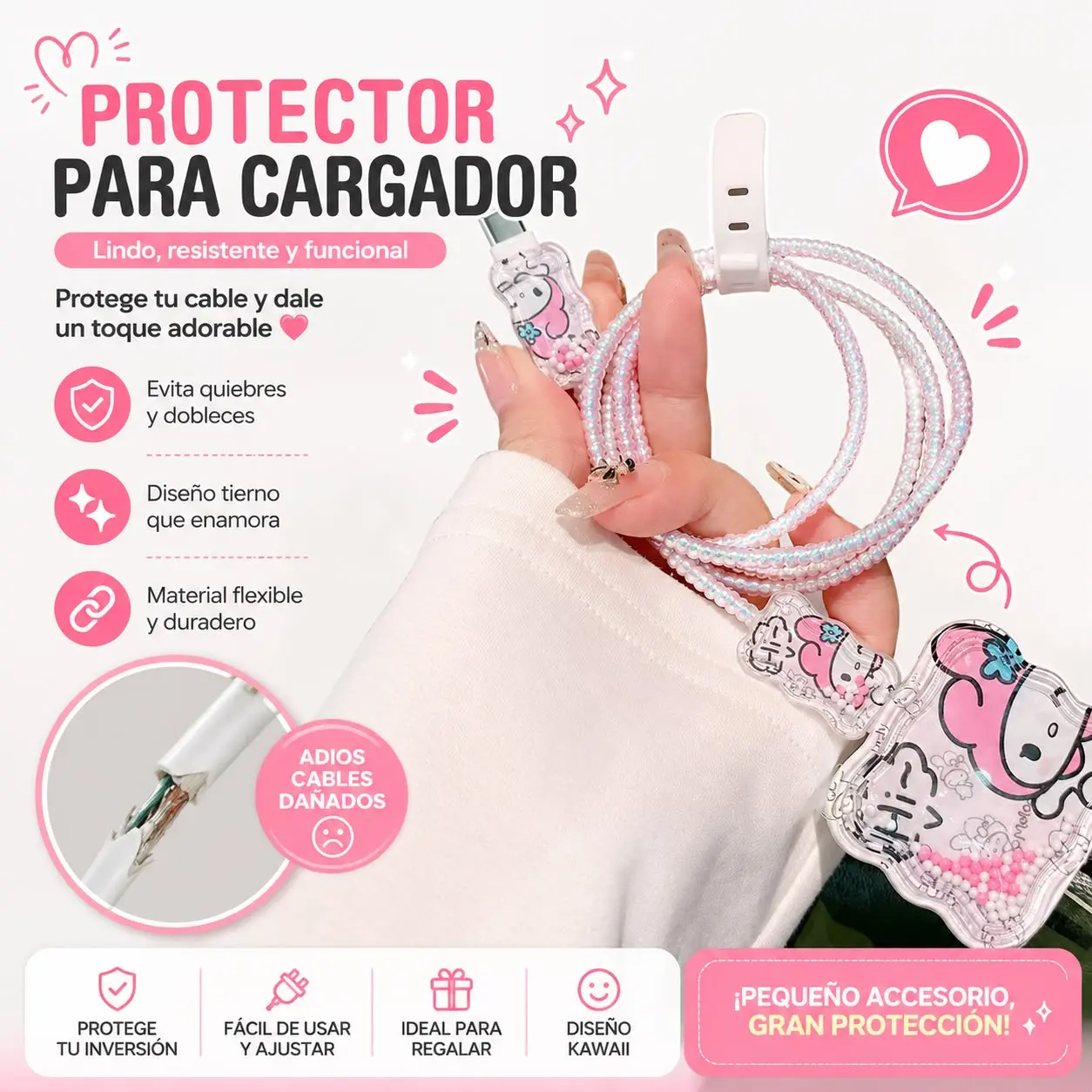Protector de cable flexible con diseño de Hello Kitty en rosa y blanco, incluye clip organizador y cubiertas decorativas para el conector.