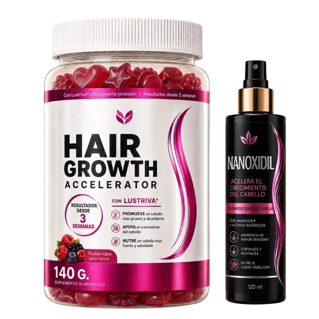 Kit capilar de gomitas rojas (140 g) en frasco transparente y sérum Nanoxidil (120 ml) con spray negro.