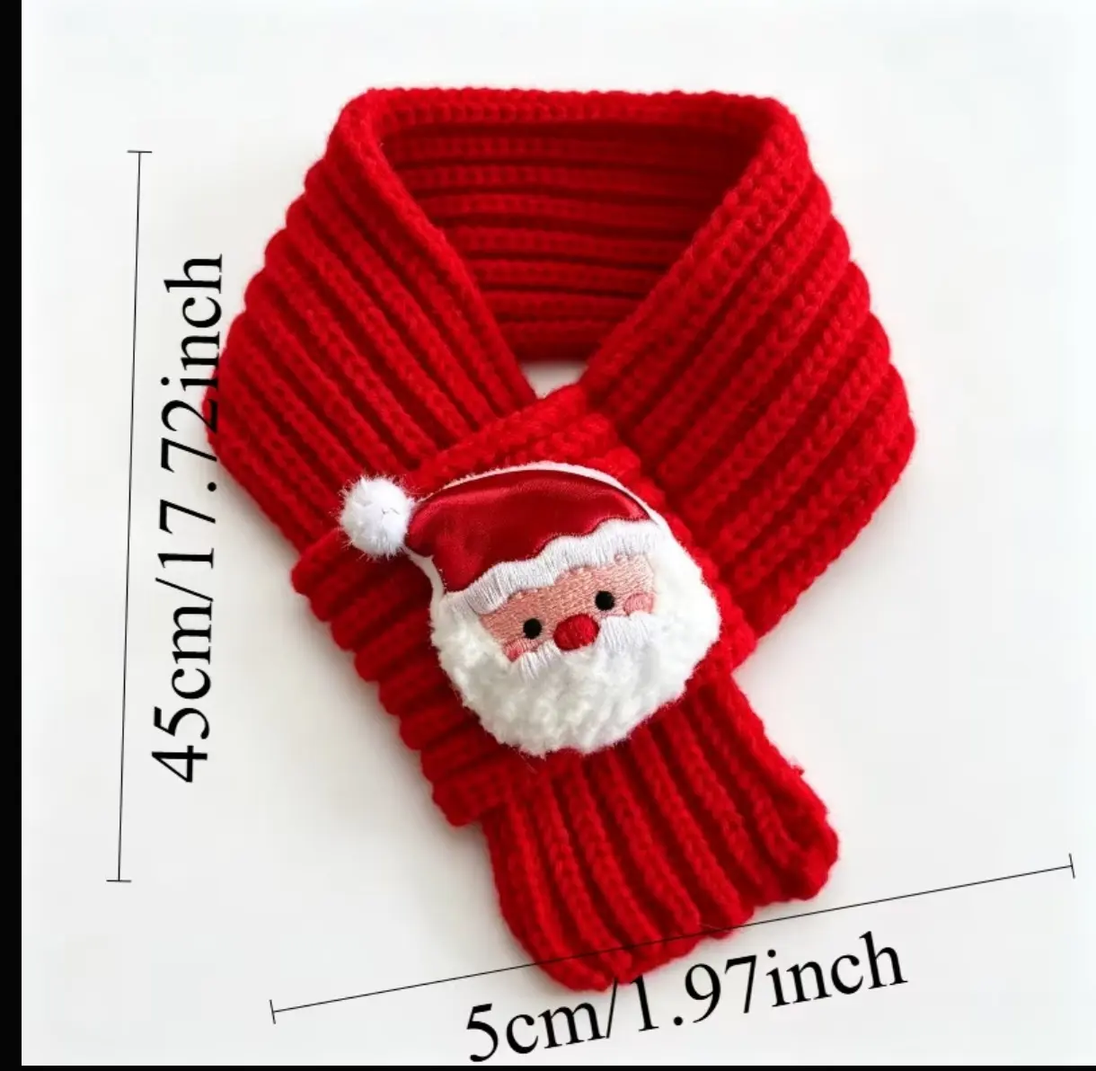 Bufanda navideña roja tejida con aplique de Papá Noel, dimensiones de 45 cm por 5 cm, ideal para perros y gatos pequeños.