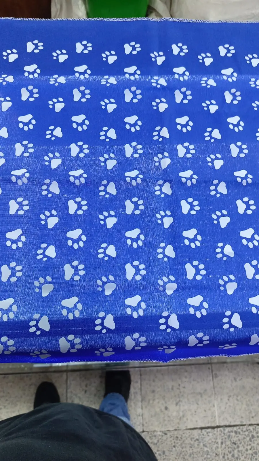 Pañoleta azul para perros con estampado repetido de huellas blancas, vista superior sobre superficie plana.