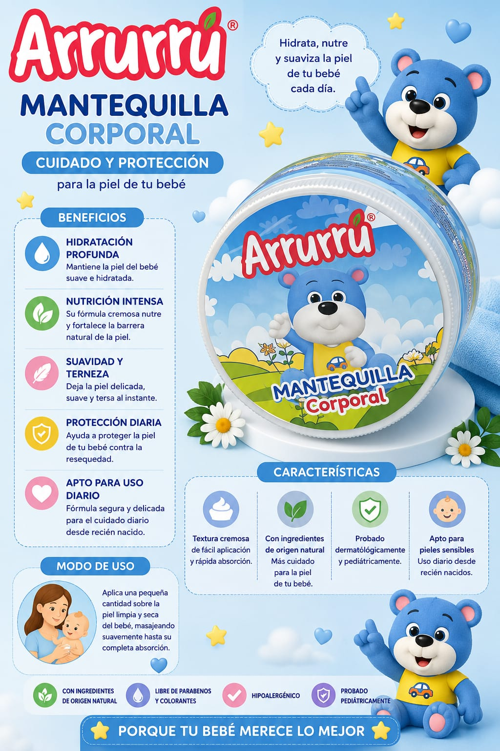 Mantequilla corporal azul Arrurrú para bebé en envase circular con oso, textura cremosa, hidratación profunda y protección diaria para pieles sensibles desde recién nacido.