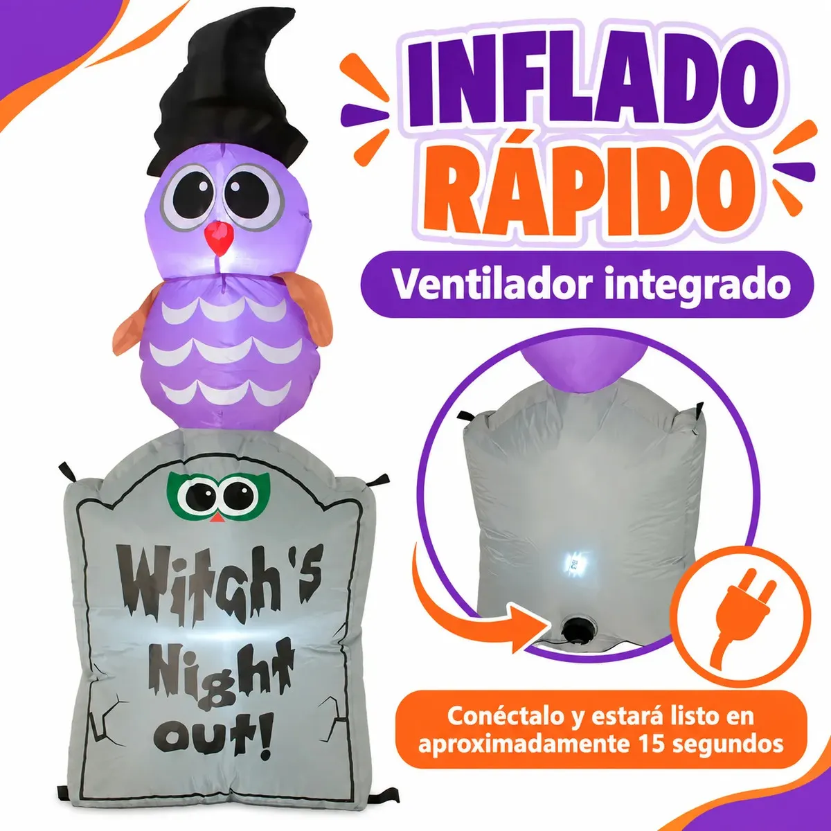 Inflable Halloween Búho con Lápida y Luces LED 1.2M - Ilumina tu entrada con una decoración festiva nocturna