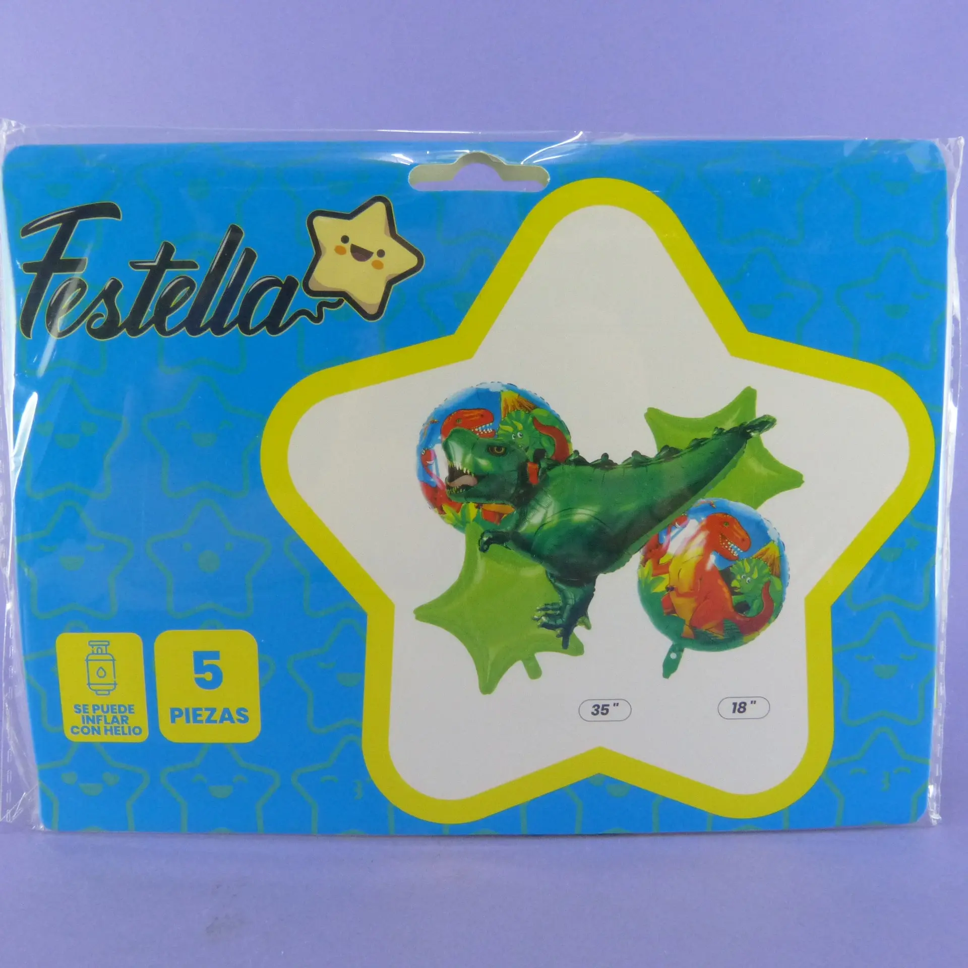 Set de 5 globos metalizados de dinosaurios Festella, incluye globo verde de 36" y redondo de 18", aptos para helio, en empaque azul.