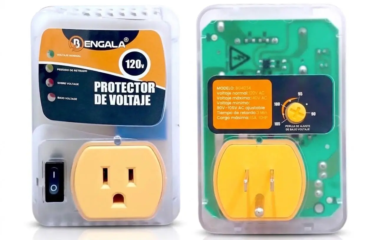 Protector de voltaje 120V Bengala con carcasa transparente, muestra vista frontal con toma eléctrica y posterior con perilla de ajuste de bajo voltaje.