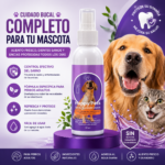 Spray bucal de 120 ml para perros y gatos Happy Pets, frasco blanco con atomizador sobre base púrpura, acompañado de un perro y un gato.