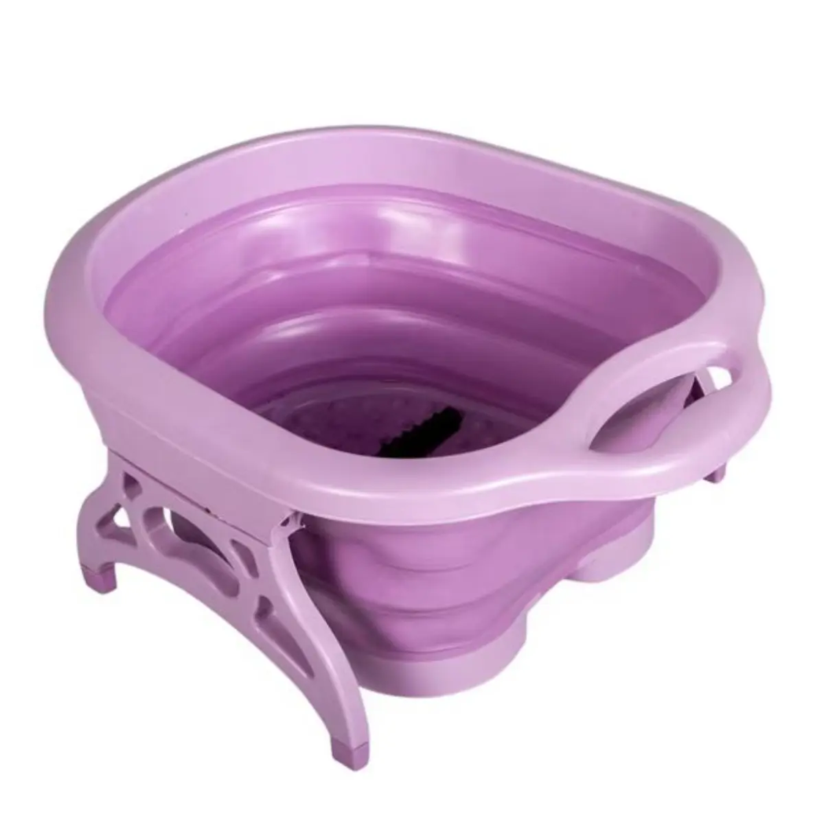 Tina spa para pies plegable color lavanda con diseño colapsable, asas laterales y rodillos masajeadores en el fondo.