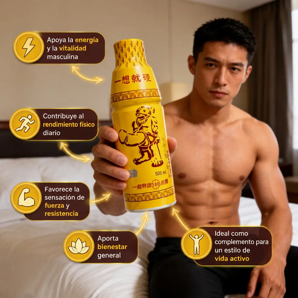 Hombre musculoso en cama sostiene botella amarilla de 500 ml con texto en caracteres chinos, acompañada de leyendas sobre energía, rendimiento y bienestar.