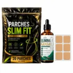 Kit de parches reductores Slim Fit para abdomen, empaque negro y dorado, frasco de gotas de 30 ml y lámina con seis parches color piel.