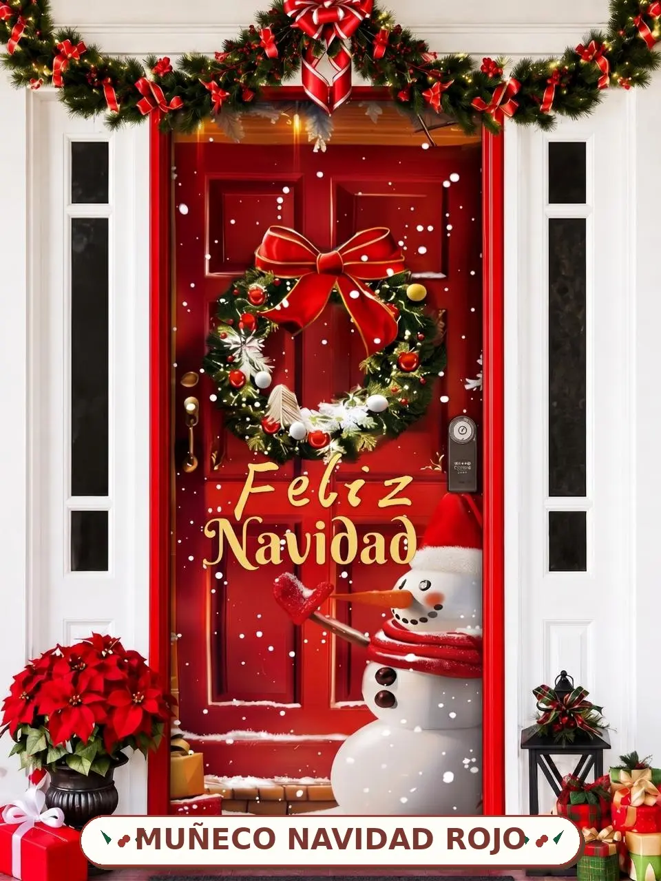 Forro elástico para puerta con diseño navideño de muñeco de nieve, corona y texto Feliz Navidad sobre fondo rojo, ideal para decoración festiva exterior.