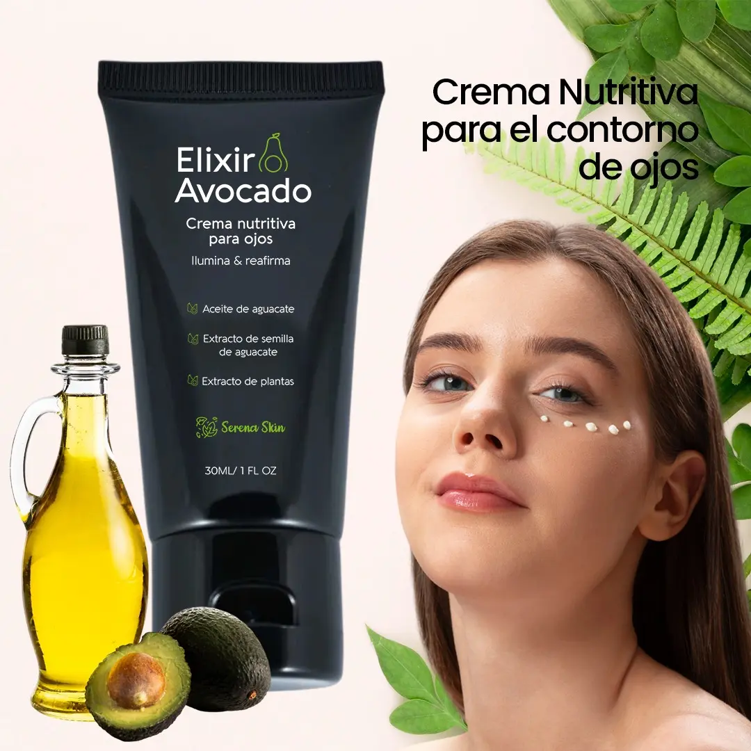 Tubo negro de crema contorno de ojos con aguacate de 30 ml junto a aceite, aguacate fresco y mujer aplicando el producto en su rostro.