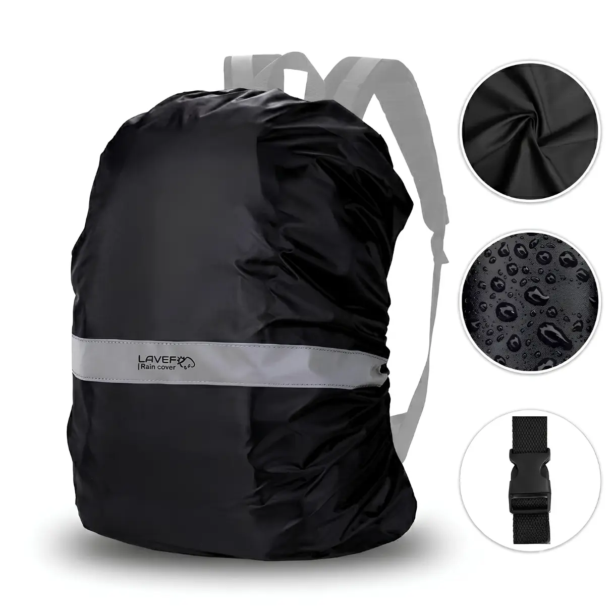 Forro impermeable negro para maletín con banda reflectiva gris, material repelente al agua y hebilla de ajuste para moto o bicicleta.