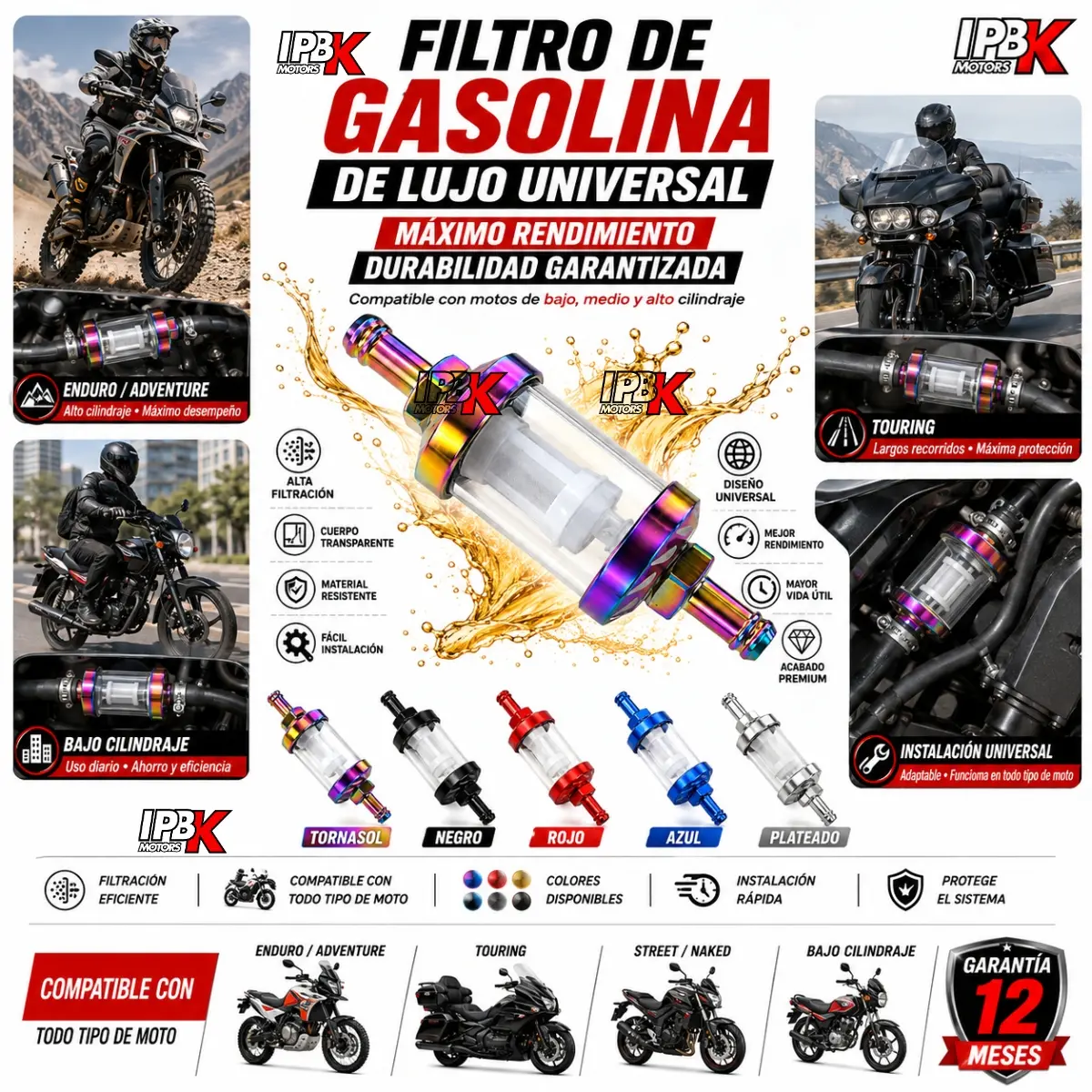 Filtro de gasolina universal para moto con cuerpo transparente y terminales metálicos tornasol, disponible en cinco colores para todo tipo de cilindrada.