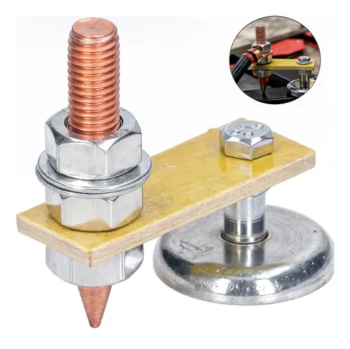 Masa magnética de fijación rápida para soldadura de 300 amperios, con base imantada metálica, placa aislante amarilla y perno de cobre roscado.