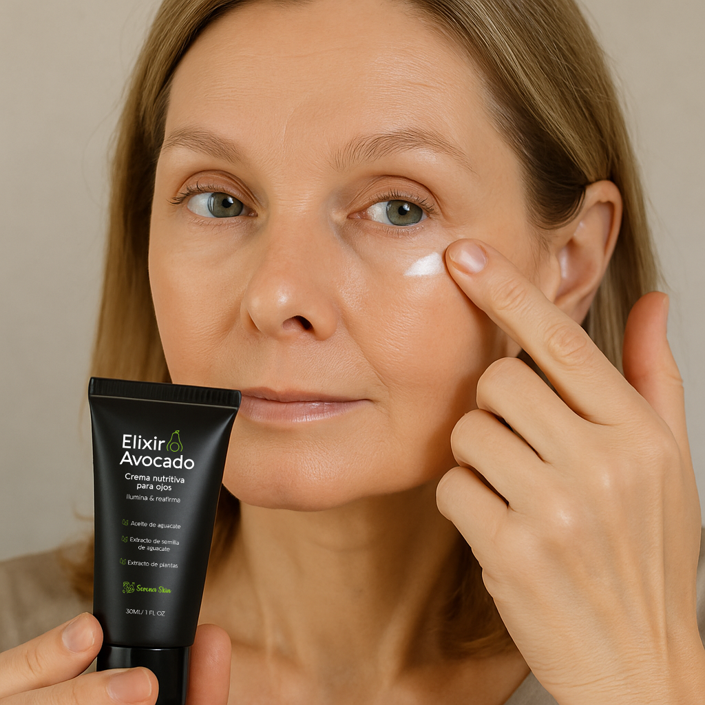 Mujer aplica crema reafirmante de ojos con extracto de aguacate sobre su piel, sosteniendo el tubo negro de 30 ml frente a la cámara.
