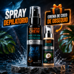 Spray depilatorio masculino de 60 ml sobre piedra con salpicaduras de agua y crema de coco hidratante de obsequio.