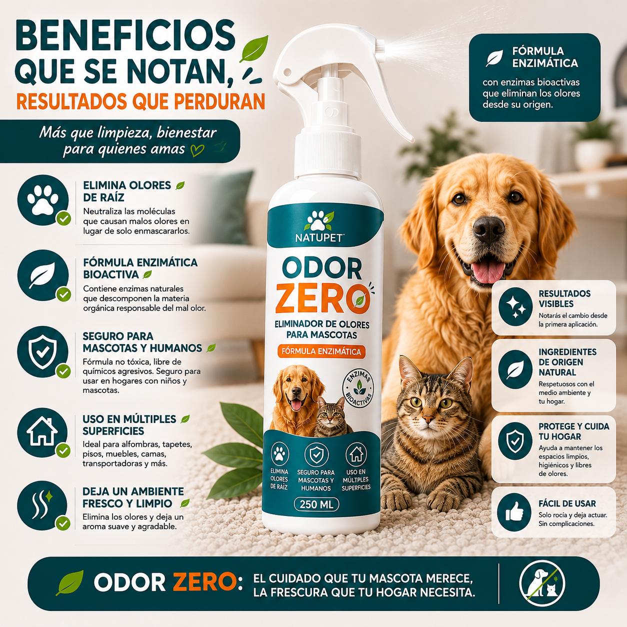Spray eliminador de olores enzimático para mascotas Natupet Odor Zero de 250ml en botella blanca con dispensador, junto a un perro y un gato.