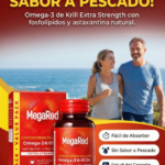 Empaque y frasco de MegaRed Omega-3 Krill Oil Extra Strength 500mg, suplemento para salud cardiovascular con cápsulas rojas frente a pareja en la costa.