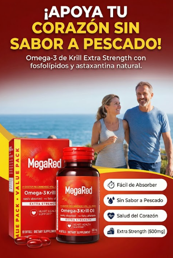 Empaque y frasco de MegaRed Omega-3 Krill Oil Extra Strength 500mg, suplemento para salud cardiovascular con cápsulas rojas frente a pareja en la costa.