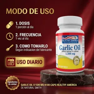 Frasco de Aceite de Ajo 1500 mg con 100 cápsulas blandas sobre base de mármol, junto a instrucciones de uso diario sobre fondo rojo satinado.