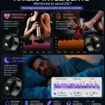 Anillo inteligente negro brillante con monitor de salud, pantalla interior curva y gráficos de ritmo cardíaco, oxígeno y sueño sobre fondo oscuro.