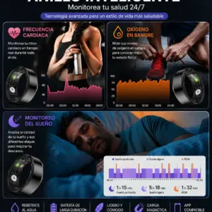 Anillo inteligente negro brillante con monitor de salud, pantalla interior curva y gráficos de ritmo cardíaco, oxígeno y sueño sobre fondo oscuro.