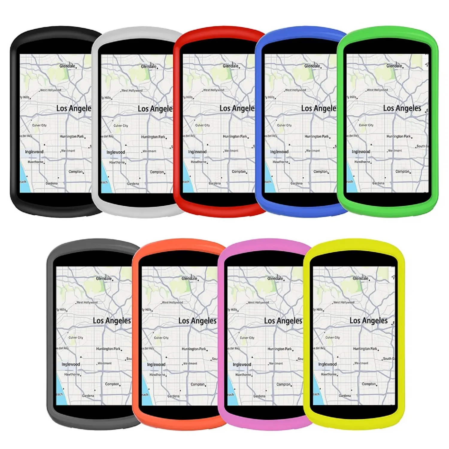 Nueve fundas protectoras de silicona para GPS de ciclismo en colores variados, exhibidas con un mapa de Los Ángeles en pantalla para mostrar su ajuste.