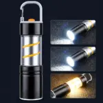 Linterna LED recargable negra con gancho, cuerpo cilíndrico metálico con franja espiral naranja y tres paneles demostrativos de iluminación.