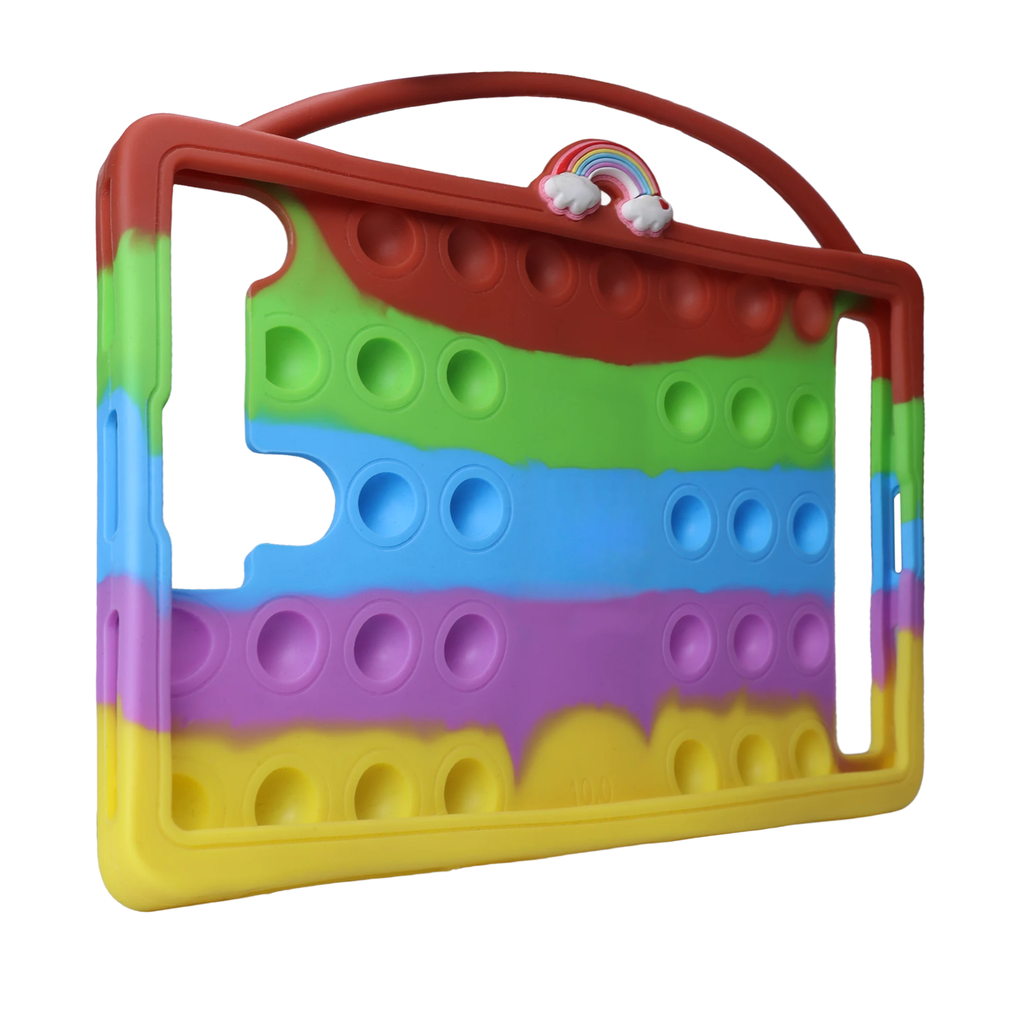 Funda antichoque de silicona para tablet de 10 pulgadas estilo Pop It multicolor con asa superior y detalle de arcoíris.