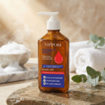 Shampoo anticaspa de 380ml en botella ámbar con dispensador blanco sobre piedra mojada, rodeado de vapor, toallas blancas y eucalipto.