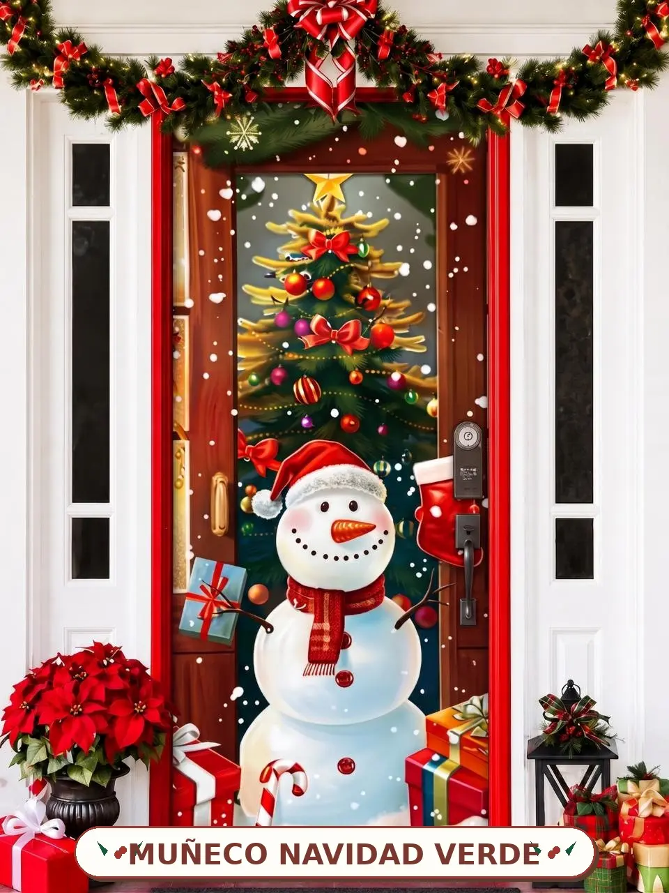 Forro elástico para puerta con diseño de muñeco de nieve, árbol de Navidad y regalos, ideal para decoración festiva de entradas residenciales.