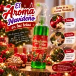 Perfume de Telas Dulce Navidad 120ml en envase transparente con atomizador, rodeado de manzanas, canela, galletas y pino sobre una superficie de madera.