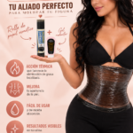 Mujer con faja de papel osmótico corporal y sujetador negro, sosteniendo un rollo de papel osmótico y un gel reductor térmico.