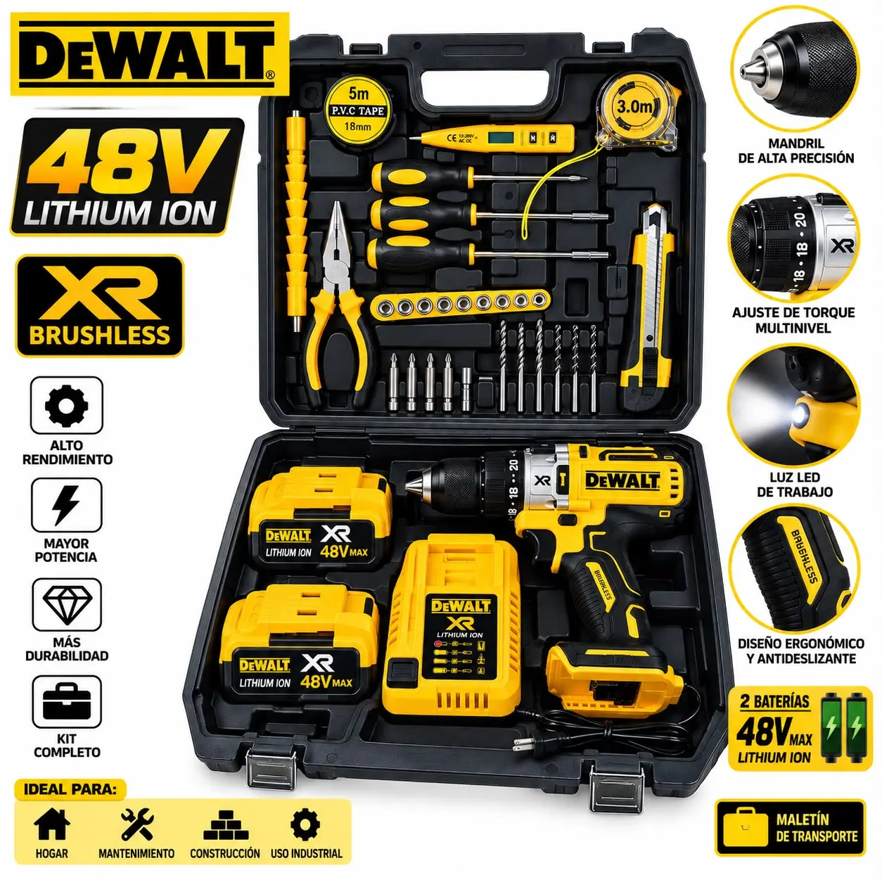 Kit taladro inalámbrico amarillo y negro 48V con dos baterías, cargador, maletín negro y accesorios manuales ordenados.