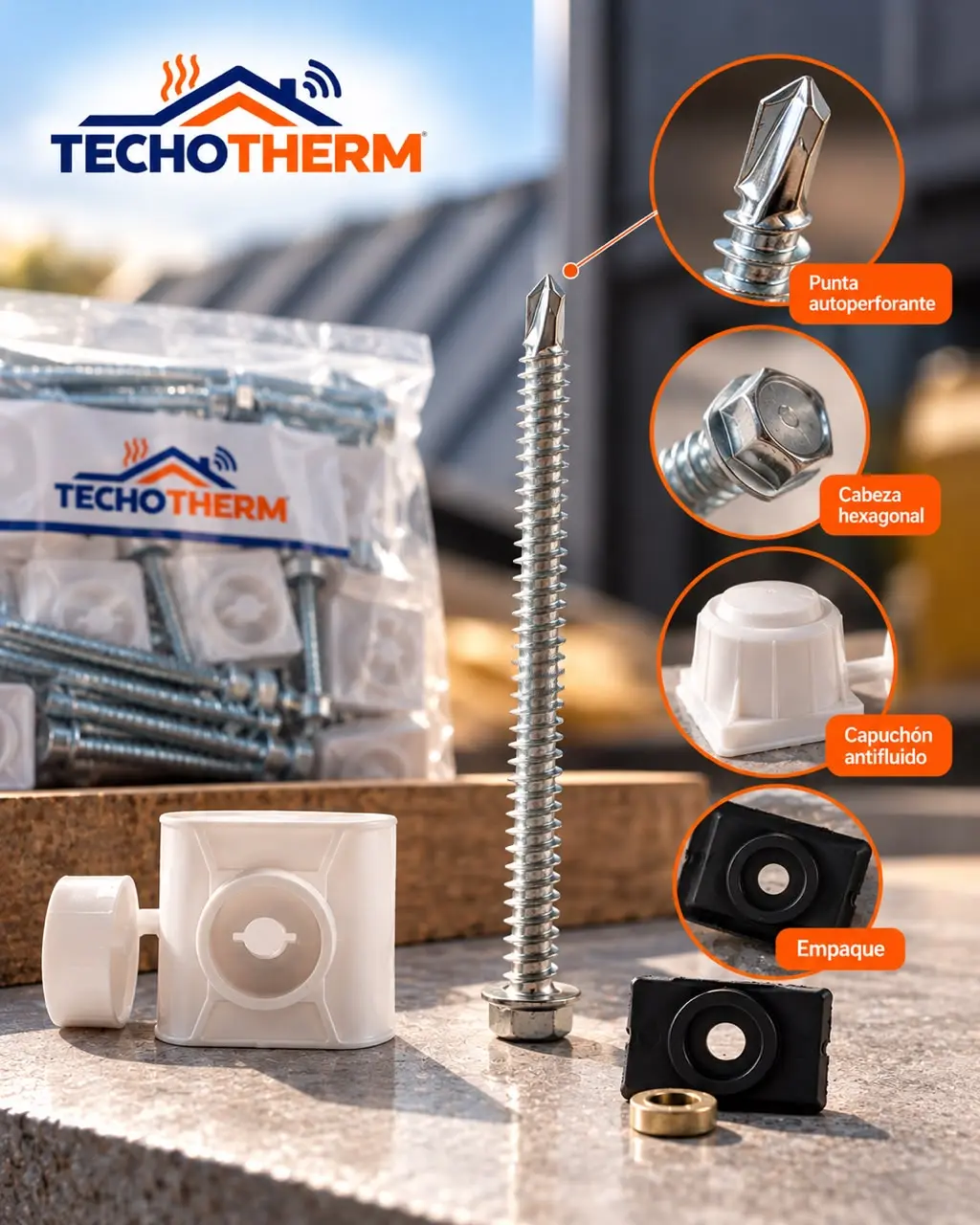 Set de tornillo autoperforante metálico con cabeza hexagonal, capuchón antihuellas blanco, empaque negro y punta de broca para techos.